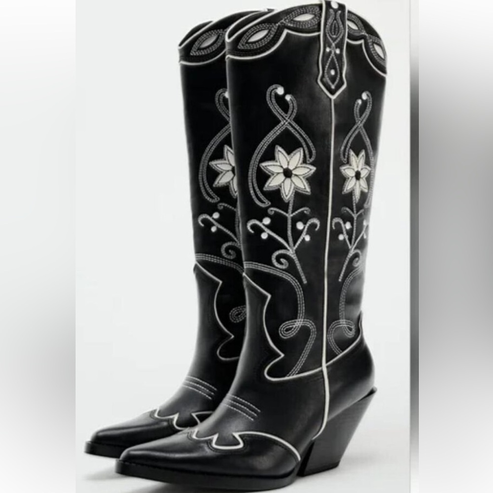 Zara Black and White Floral Heeled Boots